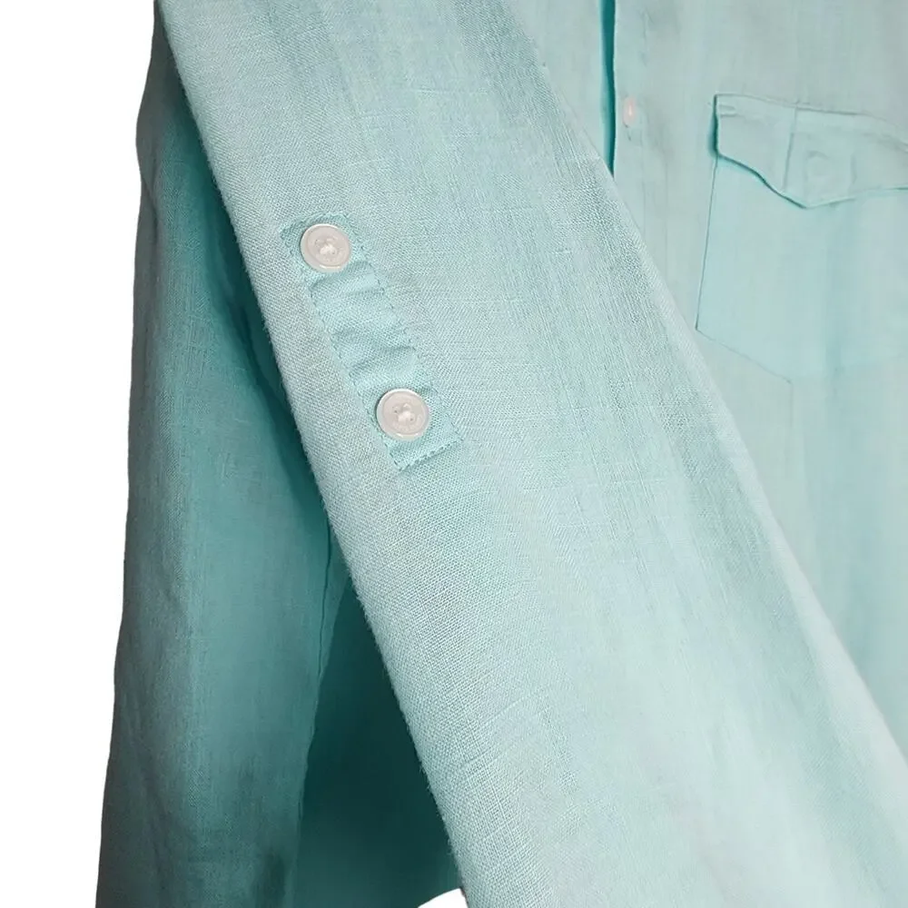 Calvin Klein Turquoise Green 100% Linen  Button Up Shirt Size XL Pristine - Picture 4 of 5